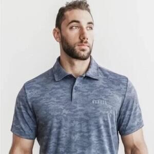 Nobull Lightweight Textured Camouflage Polo Shirt Dark Navy Blue Gray Men's M